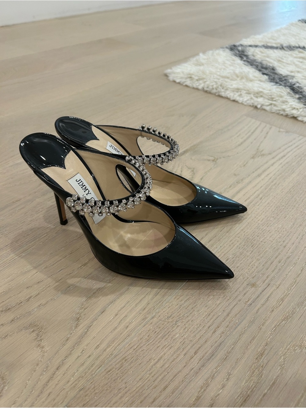 Jimmy Choo Black Patent Pointed Crystal-Embellished Slingback Pumps 38.5.